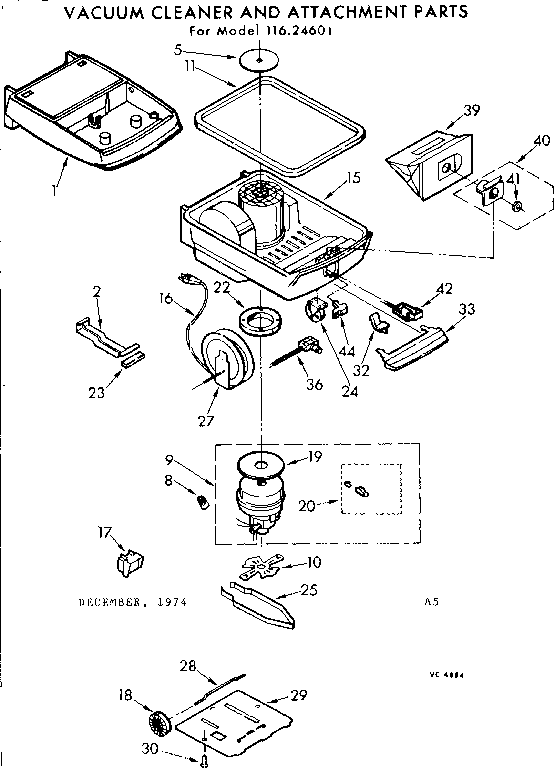 Kenmore 11624601 vacuum cleaner and attachment parts diagram