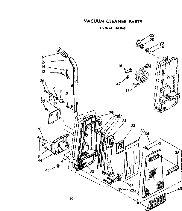 Kenmore 11635801 handle and bag housing diagram