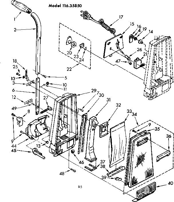 Kenmore 11635850 handle and bag housing diagram