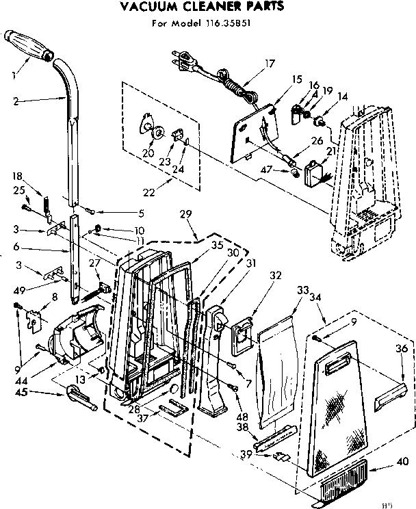 Kenmore 11635851 handle and bag housing diagram
