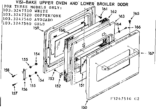 Kenmore 1033247540 visi-bake upper oven & lower broiler door diagram