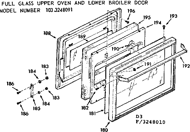 Kenmore 1033248010 full glass upper oven and lower broiler door diagram