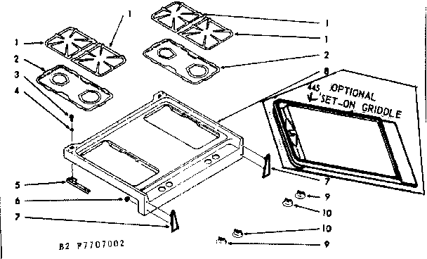 Kenmore 1037707022 main top section and set-on griddle diagram