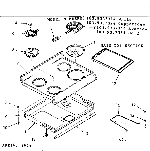 Kenmore 1039337314 main top section diagram