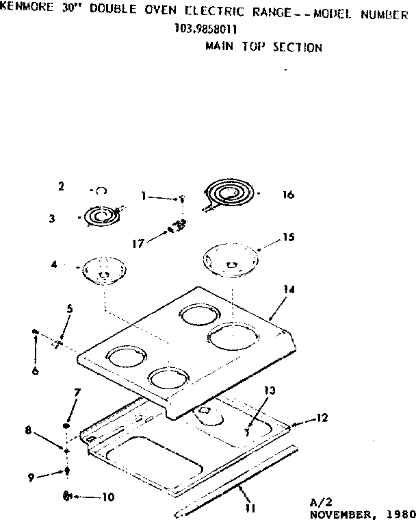 Kenmore 1039858011 main top section diagram