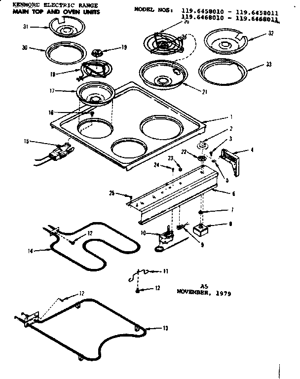 Kenmore 1196468010 main top and oven units diagram