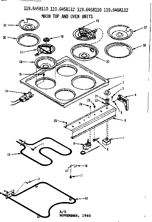 Kenmore 1196468110 main top and oven units diagram