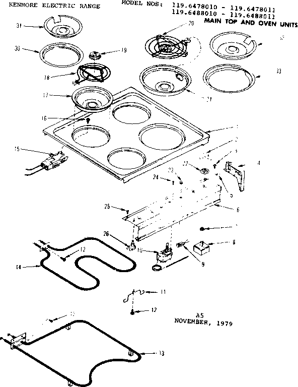 Kenmore 1196478010 main top and oven units diagram