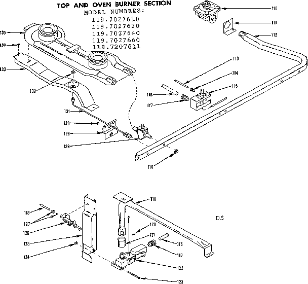 Kenmore 1197027640 top and oven burner section diagram