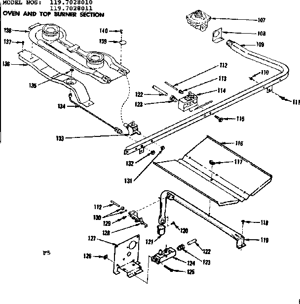 Kenmore 1197028010 oven and top burner section diagram
