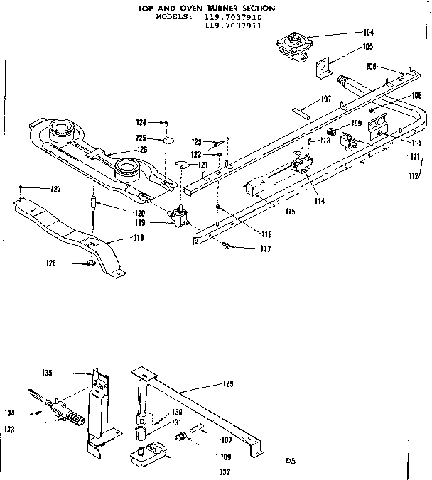 Kenmore 1197037911 top and oven burner section diagram