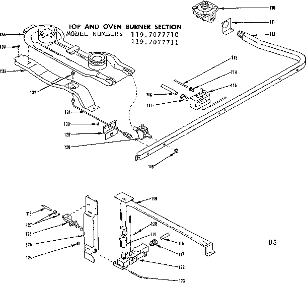 Kenmore 1197077711 top and oven burner section diagram