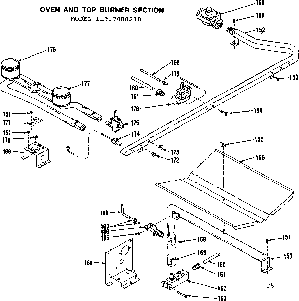 Kenmore 1197088210 oven door and top burner section diagram