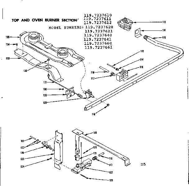 Kenmore 1197237661 top and oven burner section diagram