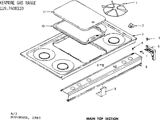 Kenmore 1197408110 main top section diagram