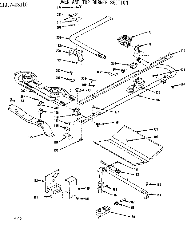 Kenmore 1197408110 oven and top burner section diagram