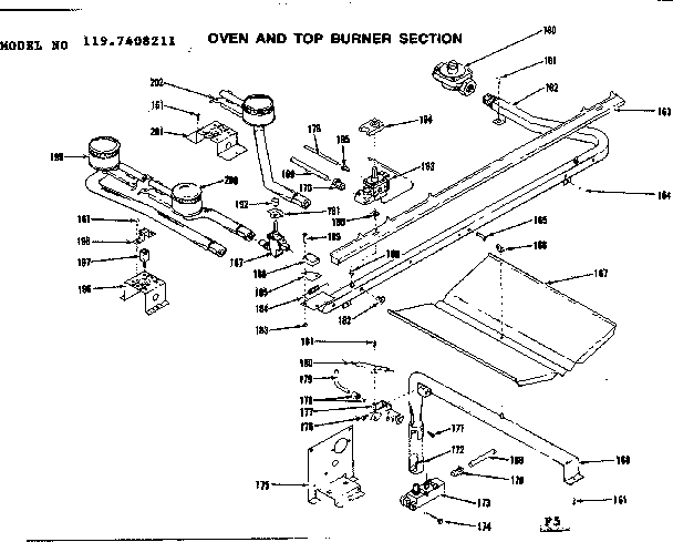 Kenmore 1197408211 oven and top burner section diagram