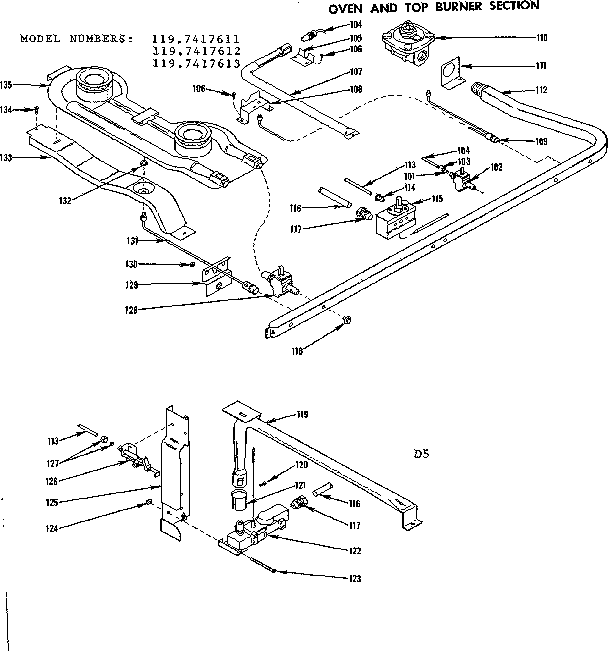 Kenmore 1197417611 oven and top burner section diagram