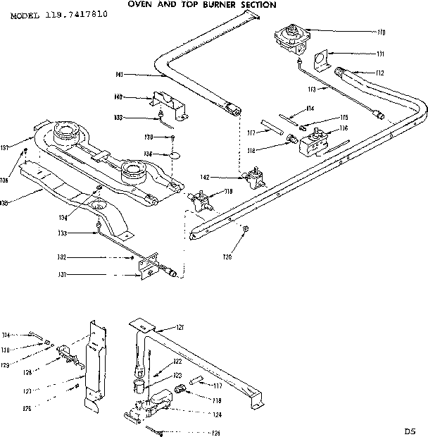 Kenmore 1197417810 oven and top burner section diagram