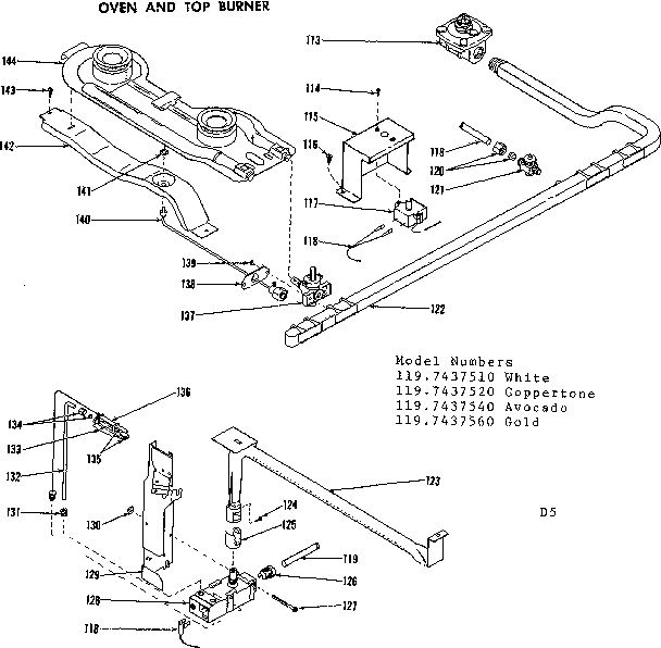 Kenmore 1197437510 oven and top burner section diagram