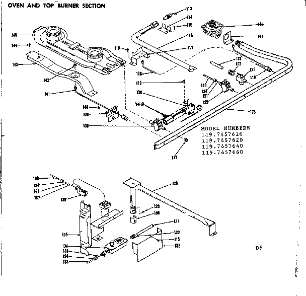 Kenmore 1197457640 oven and top burner section diagram