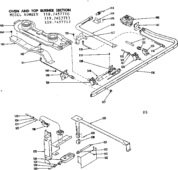Kenmore 1197457710 oven and top burner section diagram