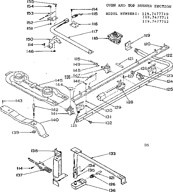 Kenmore 1197477710 oven and top burner section diagram