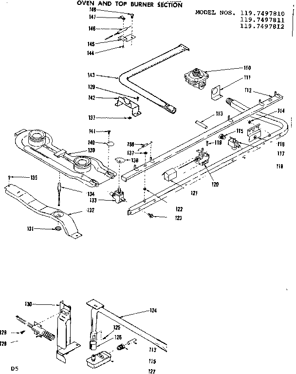 Kenmore 1197497812 oven and top burner section diagram