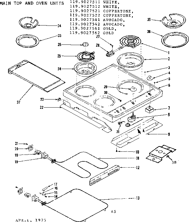 Kenmore 1199027562 main top and oven units diagram