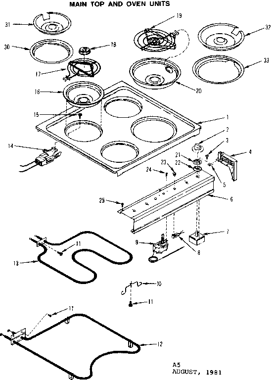 Kenmore 1199048211 main top and oven units diagram