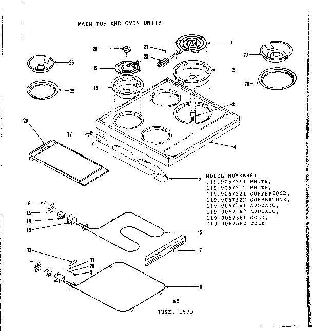 Kenmore 1199067511 main top and oven units diagram
