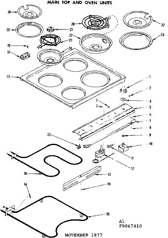 Kenmore 1199067810 main top and oven units diagram