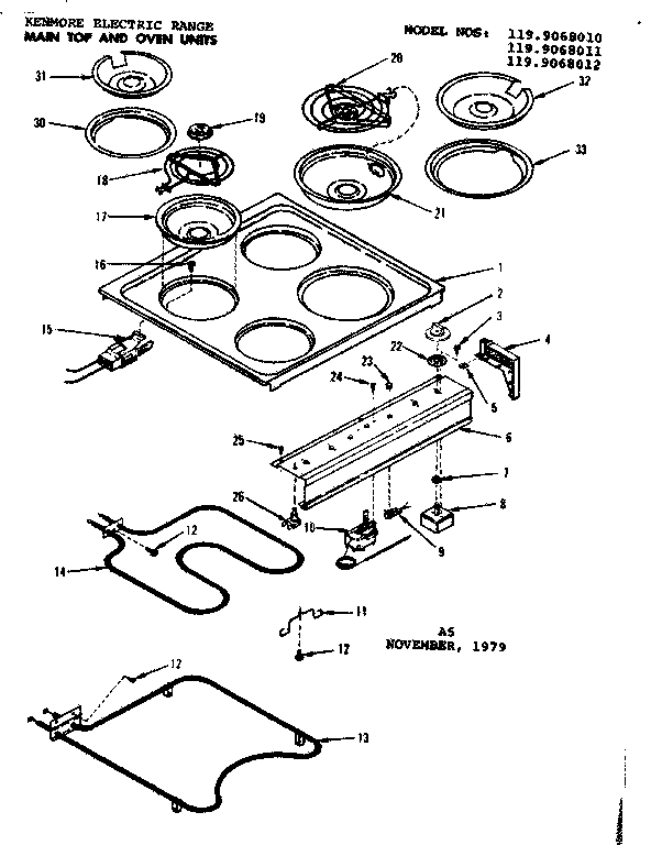 Kenmore 1199068010 main top and oven units diagram