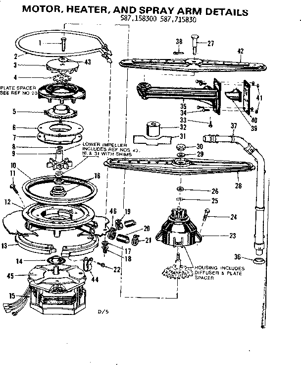 Kenmore 587715830 motor,heater,& spray arm details diagram