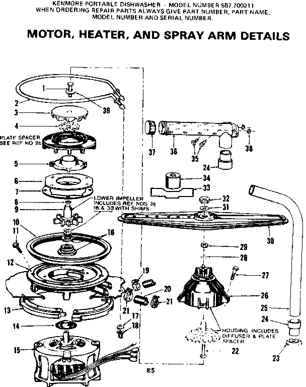 Kenmore 587700211 motor heater and spray arm details diagram