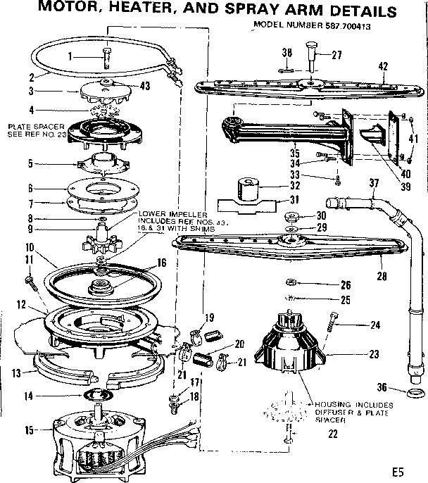 Kenmore 587700413 motor, heater, and spray arm details diagram