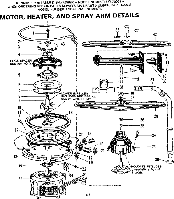 Kenmore 587700514 motor,heater, & spray arm detail diagram