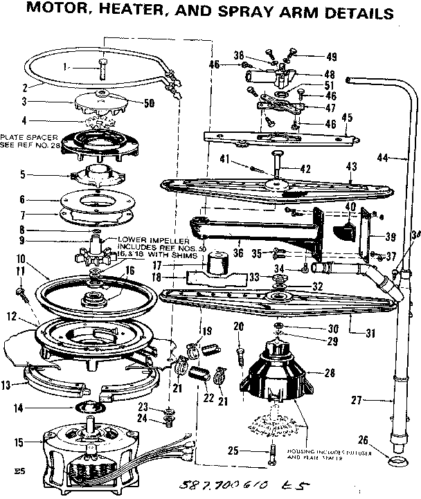 Kenmore 587706100 motor heater and spray arm details diagram