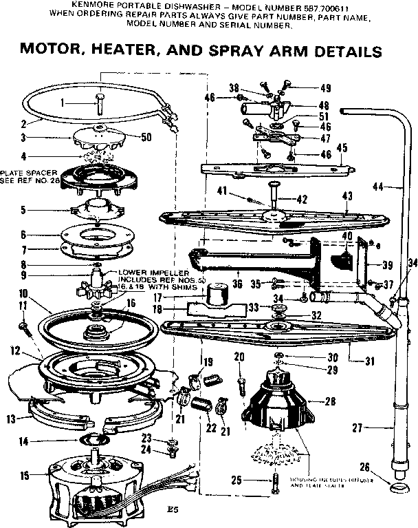 Kenmore 587700611 motor, heater, and spray arm details diagram