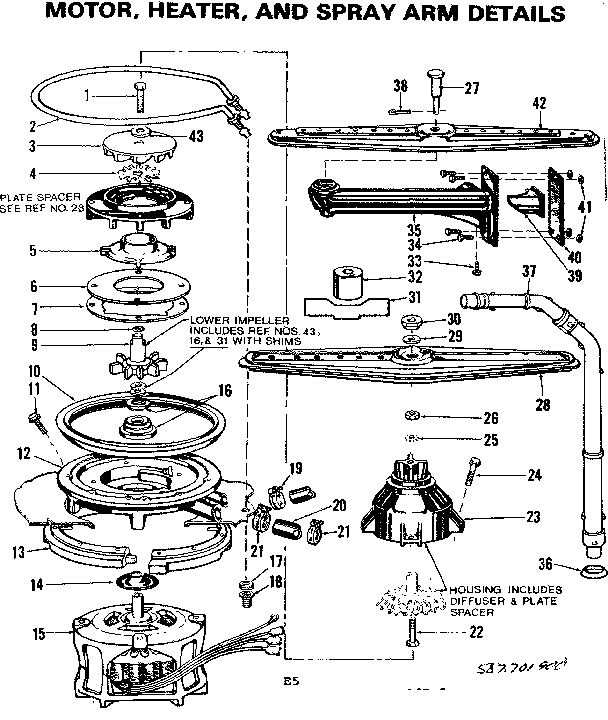 Kenmore 587701900 motor heater and spray arm details diagram