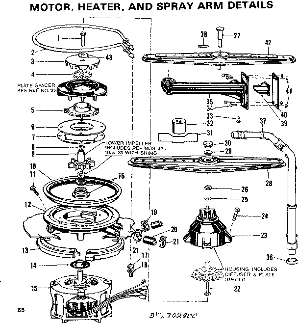 Kenmore 587702000 motor, heater, and spray arm details diagram