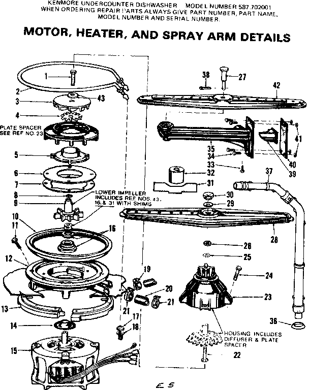 Kenmore 587702001 motor heater and spray arm details diagram