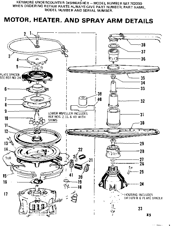 Kenmore 587702200 motor heater & spray arm details diagram