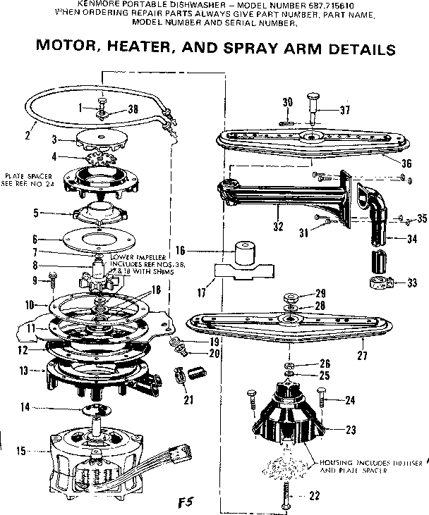 Kenmore 587715610 motor, heater, and spray arm details diagram