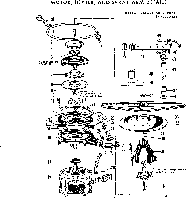 Kenmore 587720515 motor, heater and spray arm details diagram