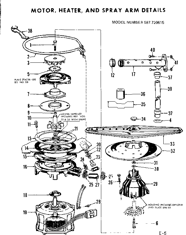 Kenmore 587720615 motor, heater & spray arm details diagram