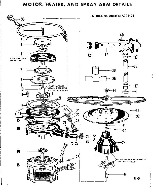 Kenmore 587721405 motor, heater and spray arm asm diagram