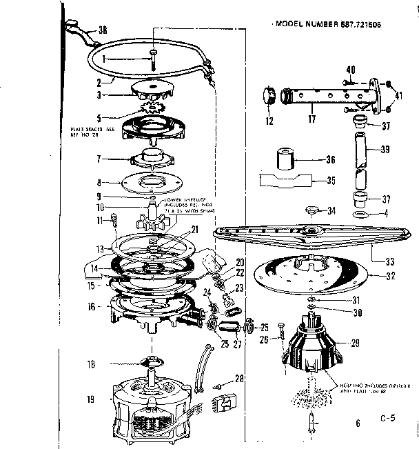 Kenmore 587721505 motor, heater, and spray arm details diagram