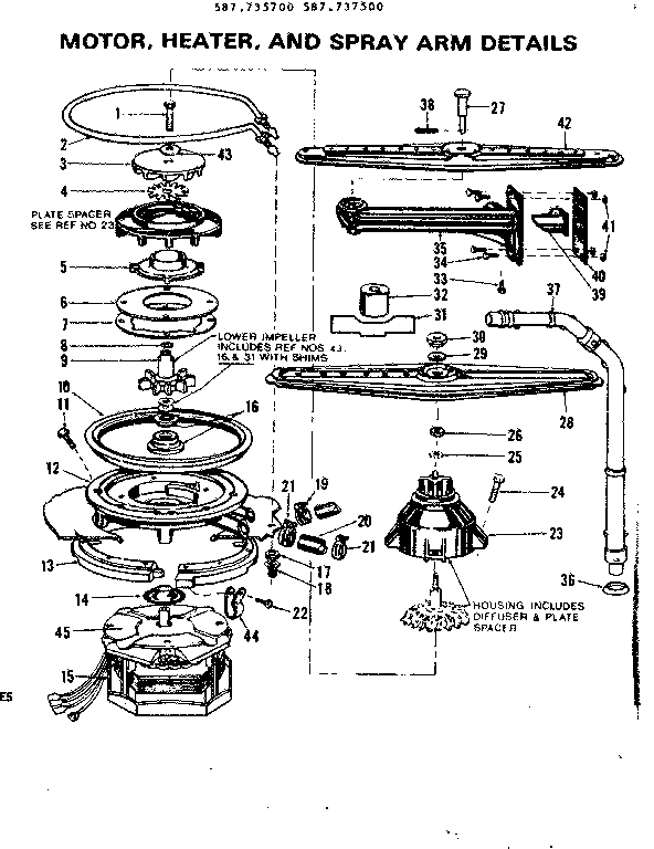 Kenmore 587737500 motor heater & spray arm details diagram