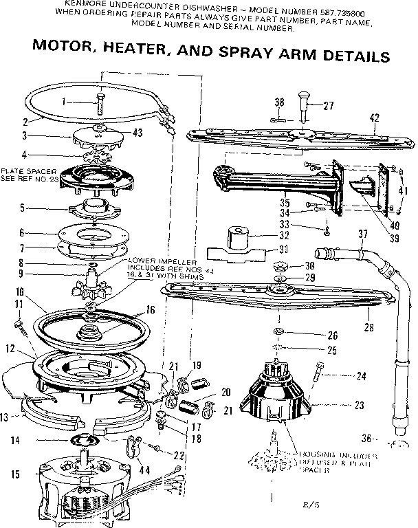 Kenmore 587735800 motor, heater, and spray arm details diagram